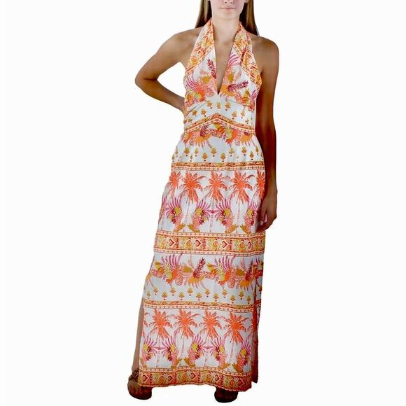 Taylor White Orange Tropical Pineapple Print Halter Summer Maxi Dress Sz 16 NWT - Picture 2 of 11